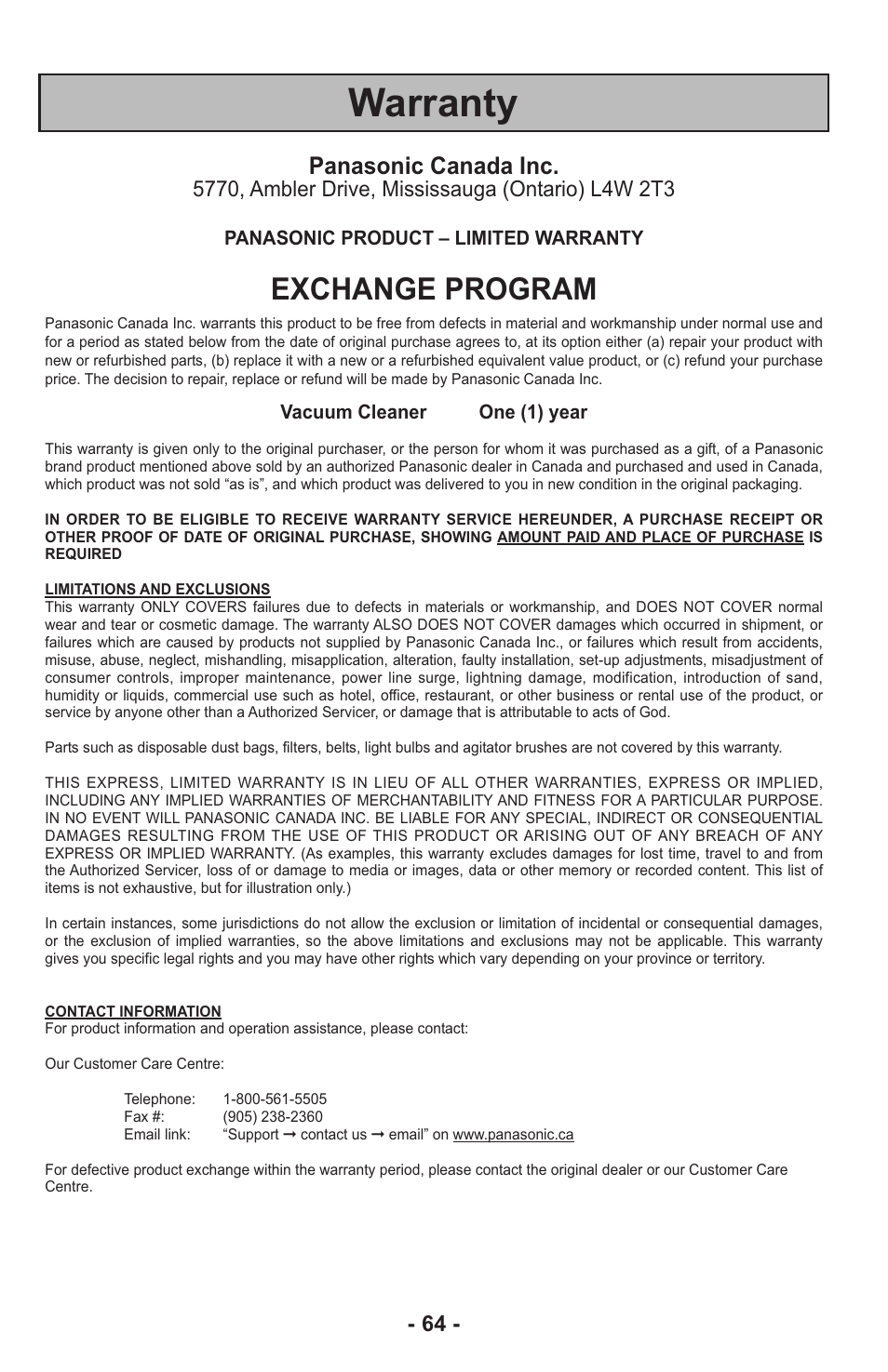 Warranty, Exchange program, Panasonic canada inc | Panasonic MC-UL815 User Manual | Page 64 / 68