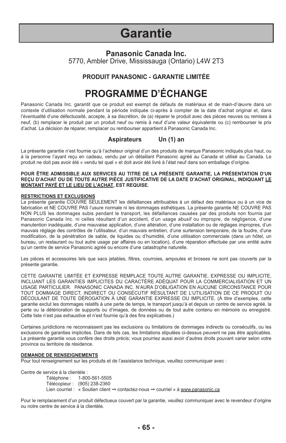 Garantie, Programme d’échange, Panasonic canada inc | Panasonic MC-UL815 User Manual | Page 65 / 68