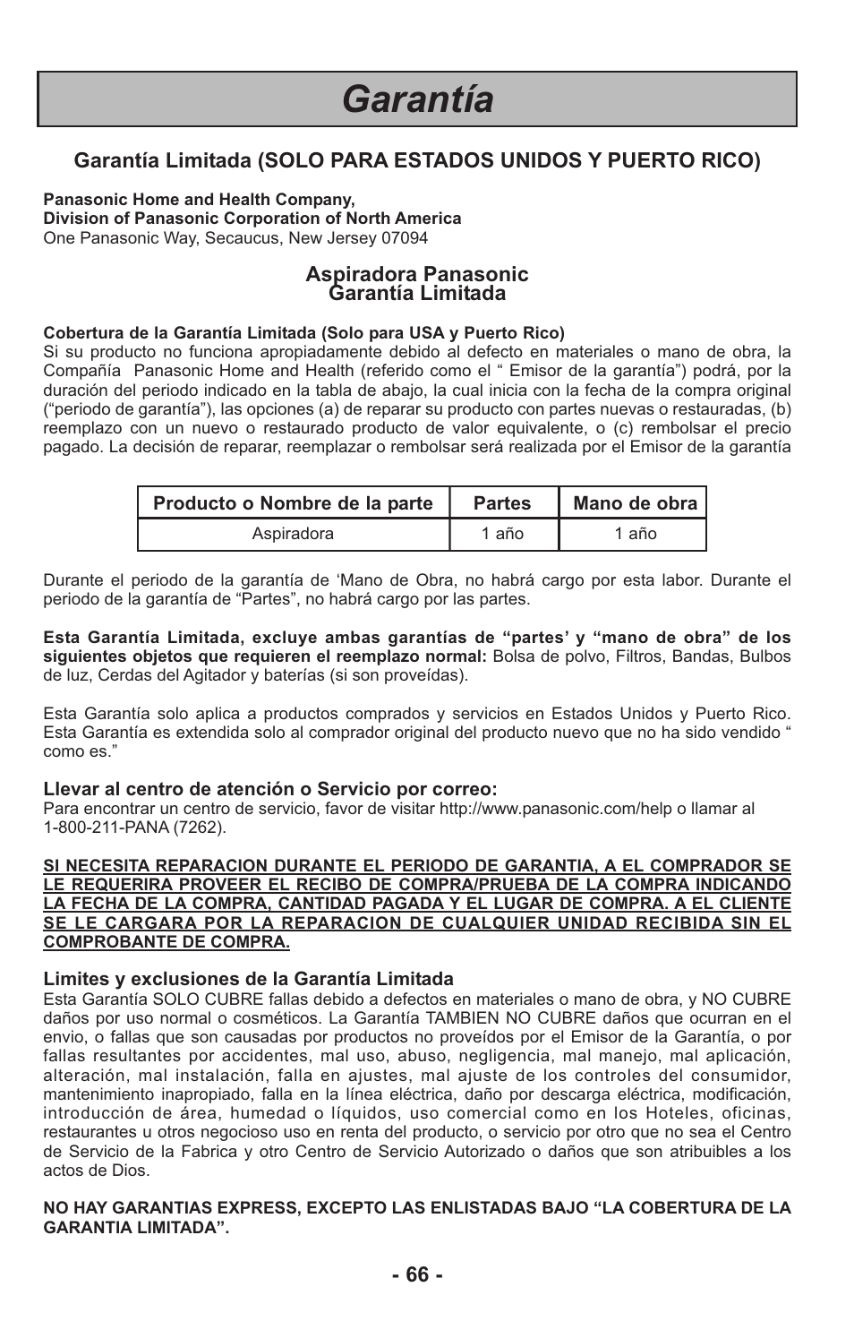 Garantía | Panasonic MC-UL815 User Manual | Page 66 / 68