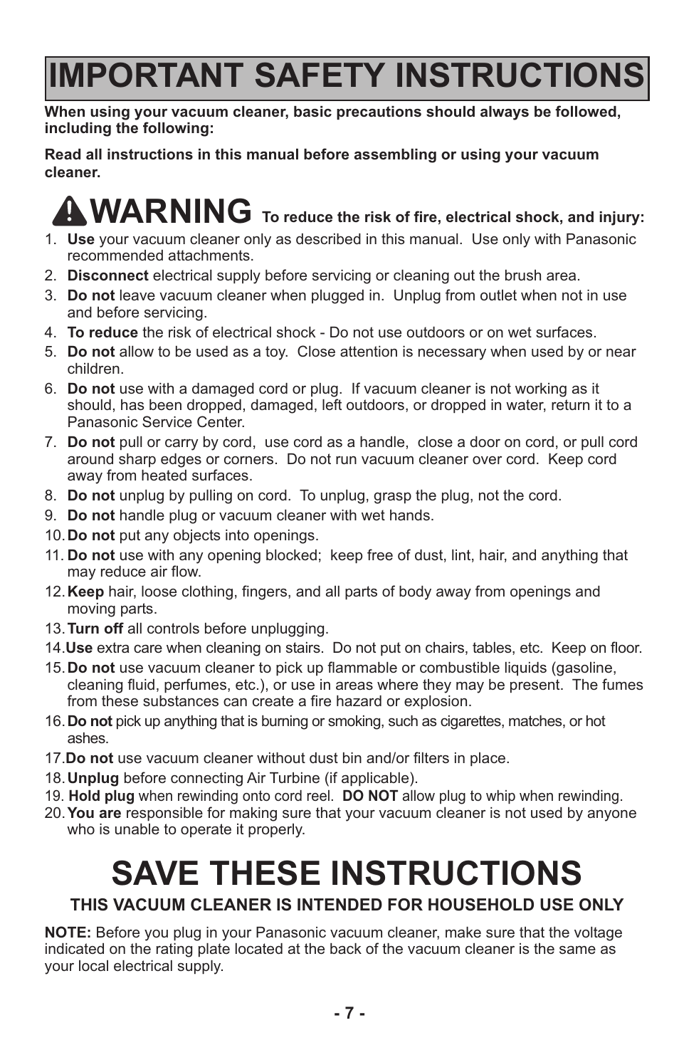 Warning, Save these instructions, Important safety instructions | Panasonic MC-UL815 User Manual | Page 7 / 68