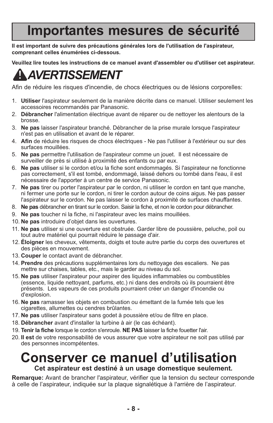 Importantes mesures de sécurité, Conserver ce manuel d’utilisation, Avertissement | Panasonic MC-UL815 User Manual | Page 8 / 68