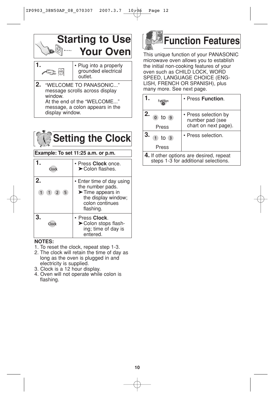 Starting to use your oven, Setting the clock, Function features | Function features starting to use your oven | Panasonic NN-SN797S User Manual | Page 12 / 30