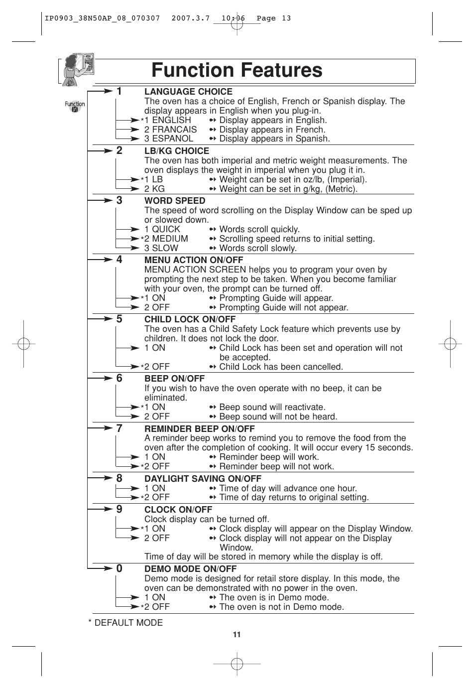 Function features | Panasonic NN-SN797S User Manual | Page 13 / 30