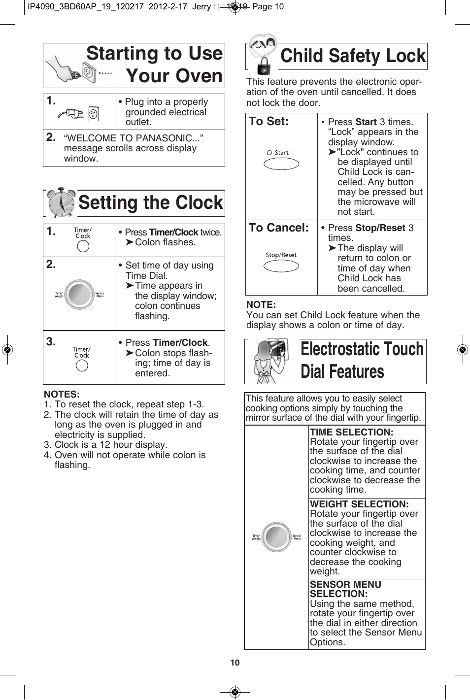 Starting to use your oven, Setting the clock, Child safety lock | Electrostatic touch dial features | Panasonic NN-SE782S User Manual | Page 12 / 32