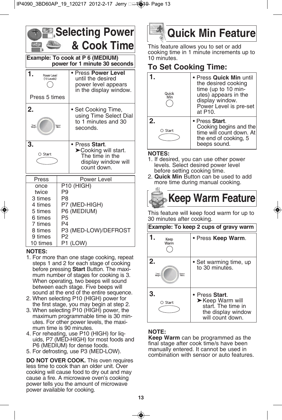 Selecting power & cook time, Quick min feature, Keep warm feature | Panasonic NN-SE782S User Manual | Page 15 / 32