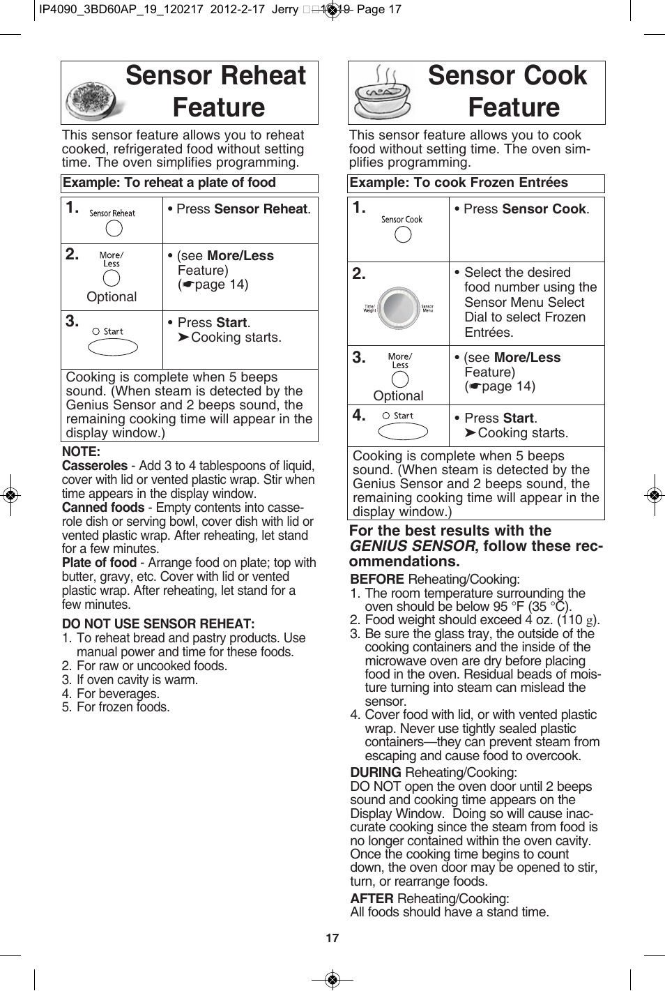 Sensor reheat feature, Sensor cook feature, Sensor reheat feature sensor cook feature | Panasonic NN-SE782S User Manual | Page 19 / 32