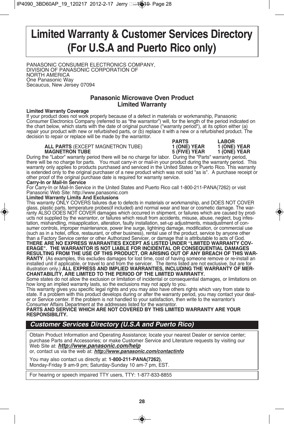 Limited warranty & customer service directory | Panasonic NN-SE782S User Manual | Page 30 / 32