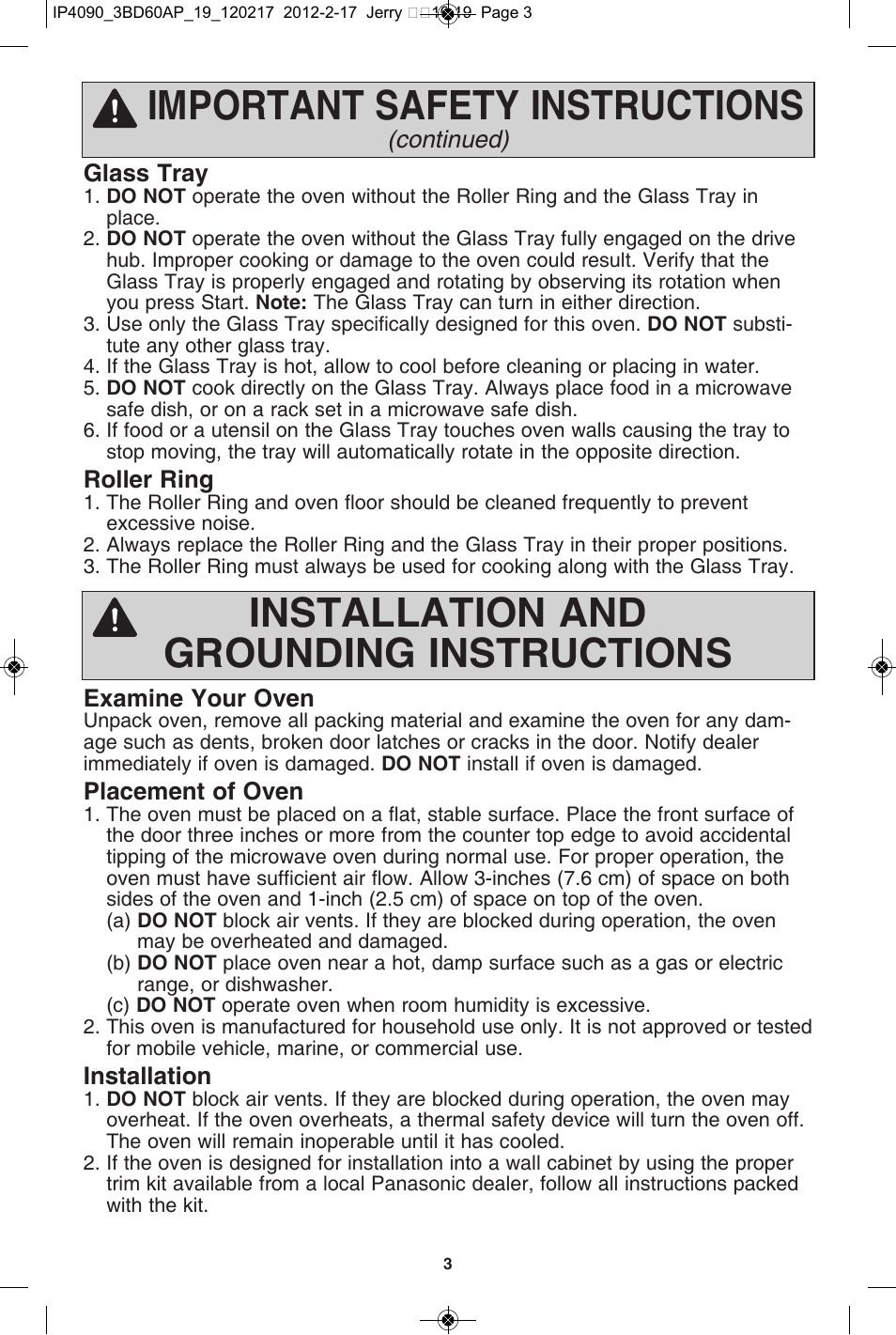 Installation and grounding instructions, Important safety instructions | Panasonic NN-SE782S User Manual | Page 5 / 32