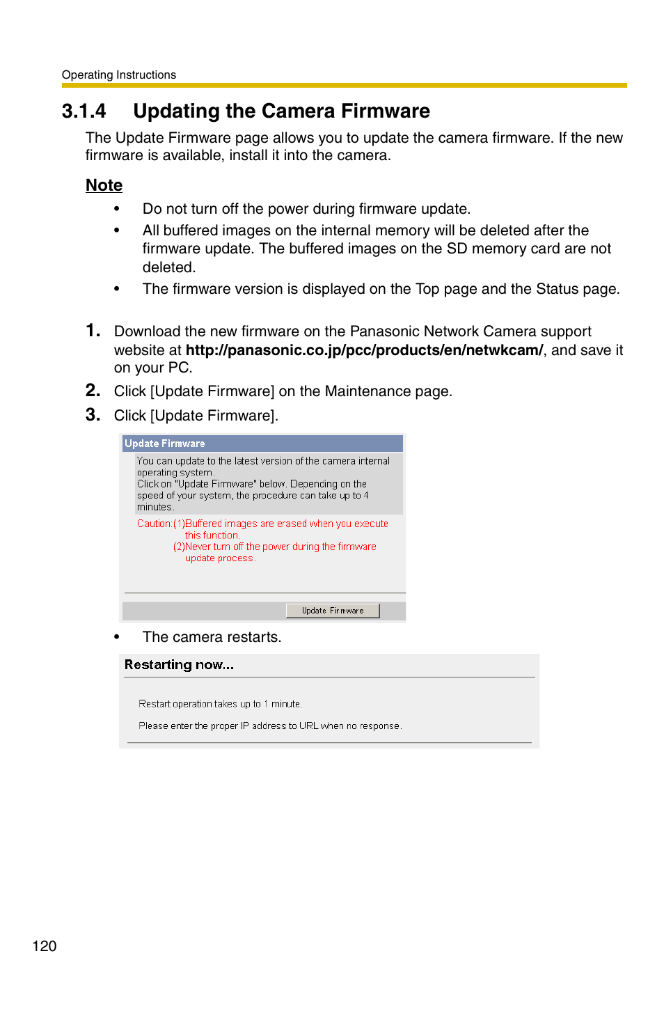 4 updating the camera firmware, Ge 120 | Panasonic BB-HCM381A User Manual | Page 120 / 160