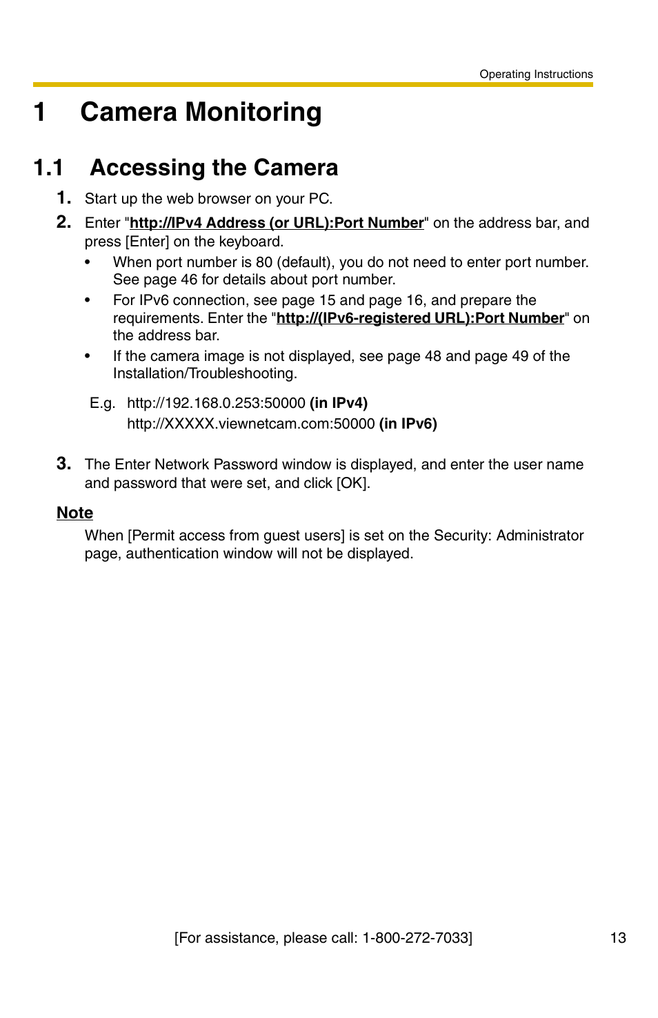 1 camera monitoring, 1 accessing the camera, 1camera monitoring | Panasonic BB-HCM381A User Manual | Page 13 / 160