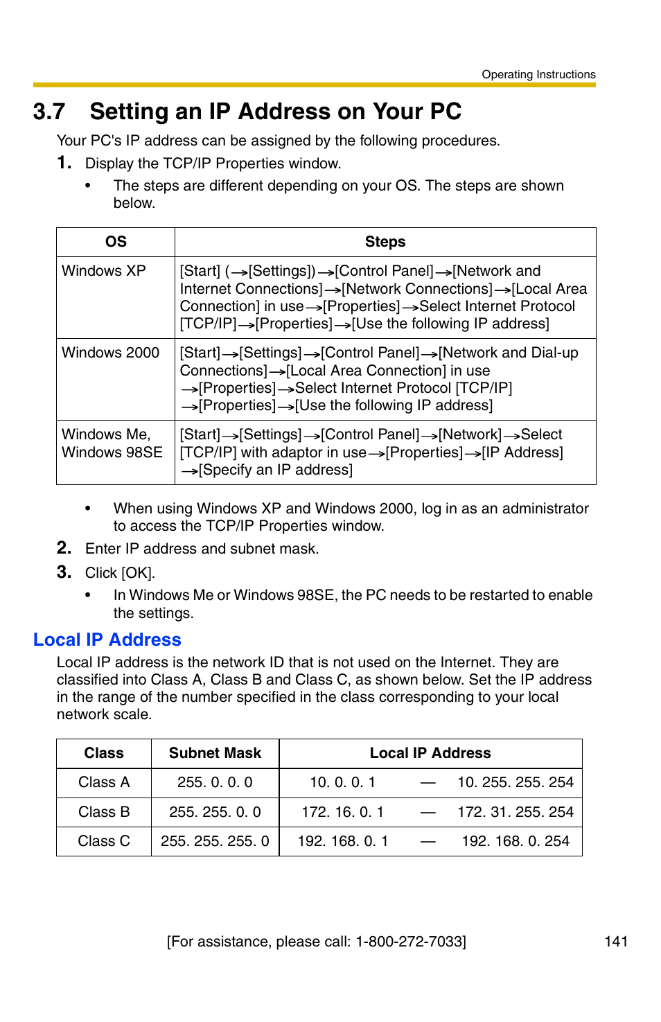 7 setting an ip address on your pc, Local ip address | Panasonic BB-HCM381A User Manual | Page 141 / 160