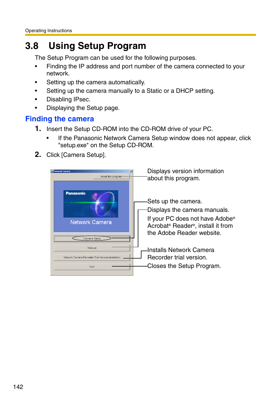 8 using setup program, Finding the camera 1 | Panasonic BB-HCM381A User Manual | Page 142 / 160