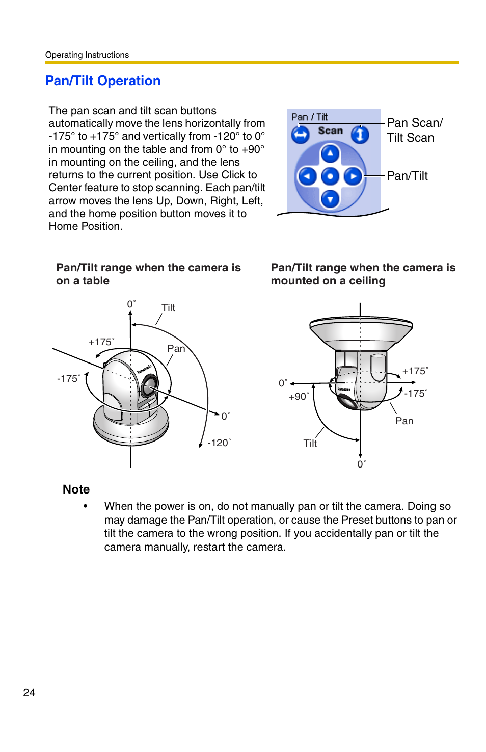 Pan/tilt operation, Pan scan/ tilt scan pan/tilt | Panasonic BB-HCM381A User Manual | Page 24 / 160