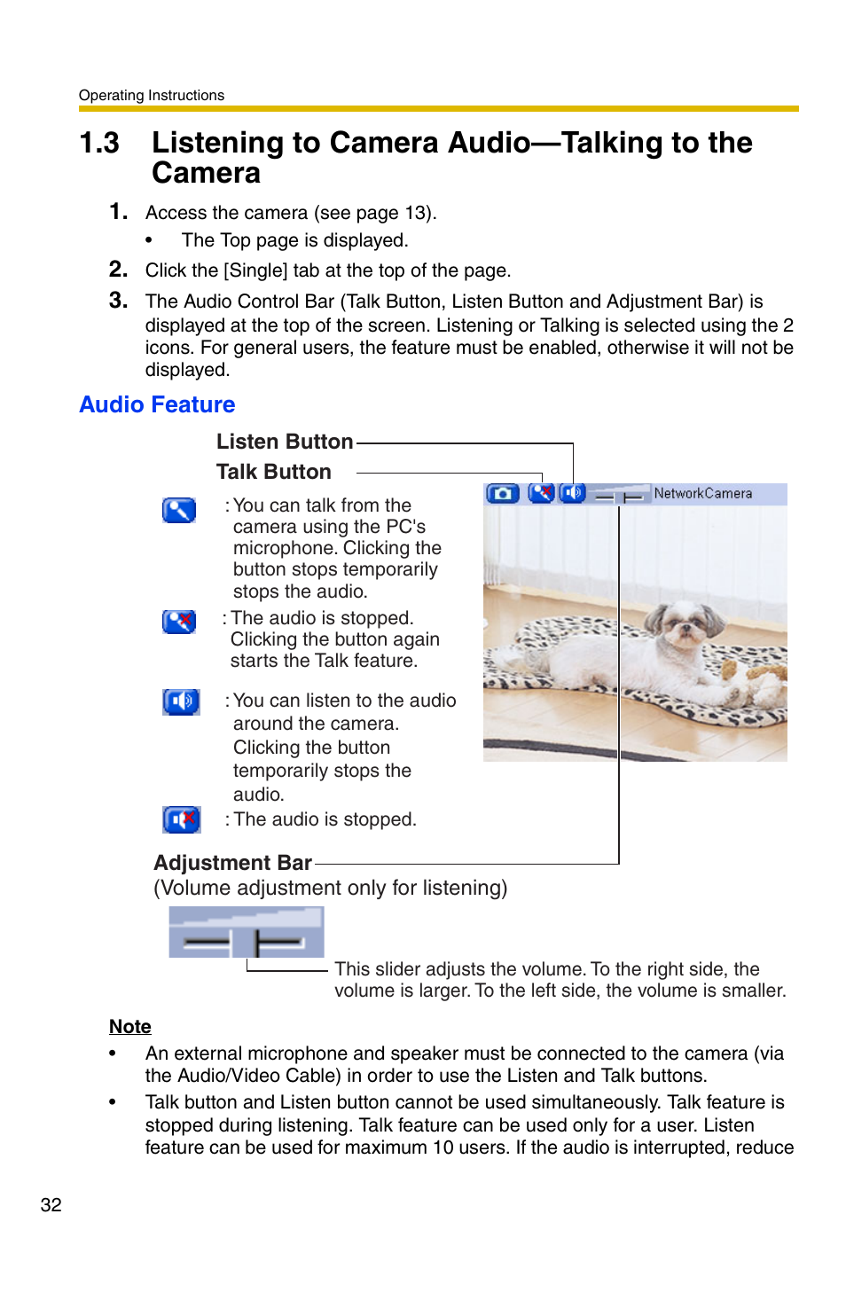 3 listening to camera audio—talking to the camera, E 32 | Panasonic BB-HCM381A User Manual | Page 32 / 160