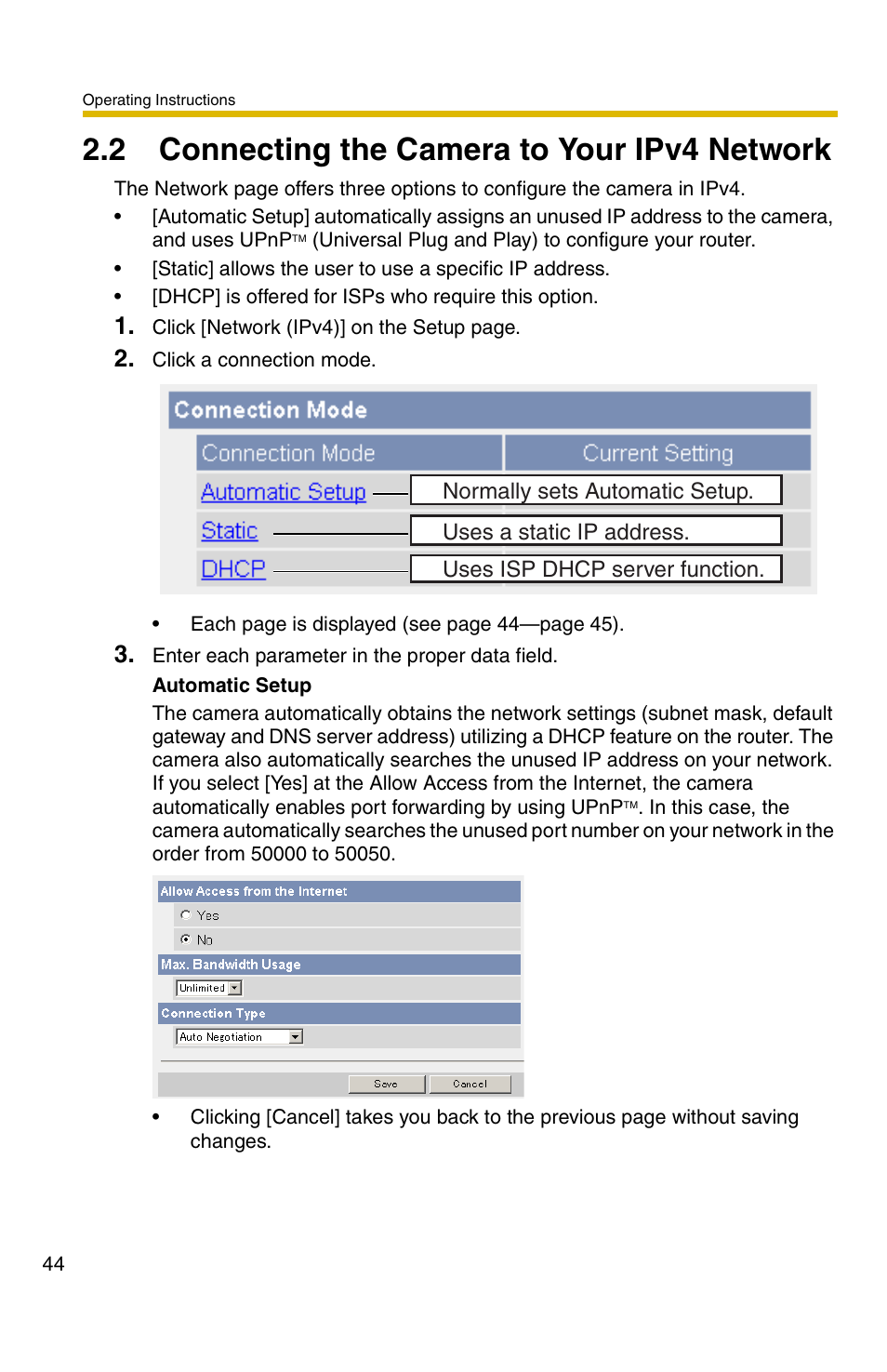 2 connecting the camera to your ipv4 network, 44 and | Panasonic BB-HCM381A User Manual | Page 44 / 160