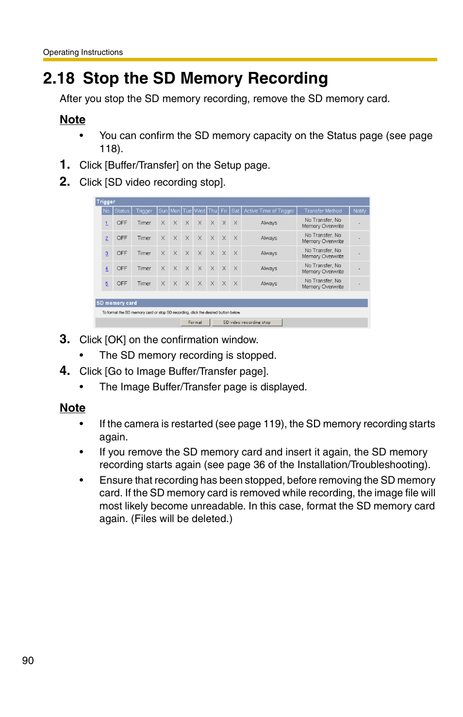 18 stop the sd memory recording | Panasonic BB-HCM381A User Manual | Page 90 / 160