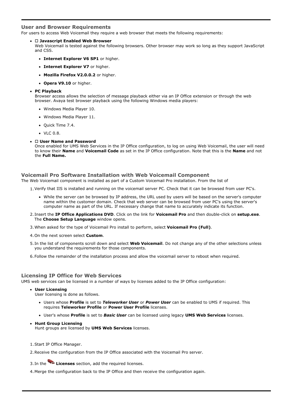 User and browser requirements, Licensing ip office for web services | Avaya IP Office User Manual | Page 36 / 138