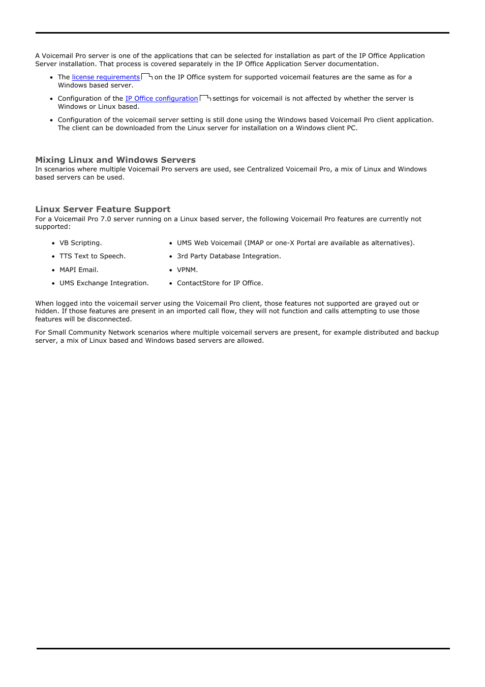 Linux server installation, Mixing linux and windows servers, Linux server feature support | Avaya IP Office User Manual | Page 72 / 138