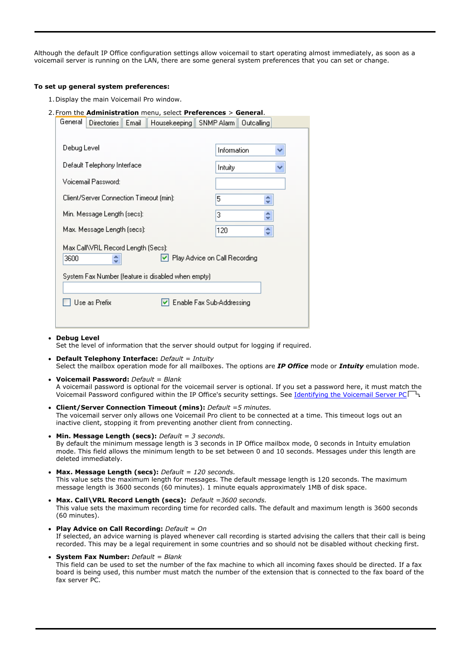 General, Client/server connection timeout (mins), 1 general | Avaya IP Office User Manual | Page 93 / 138
