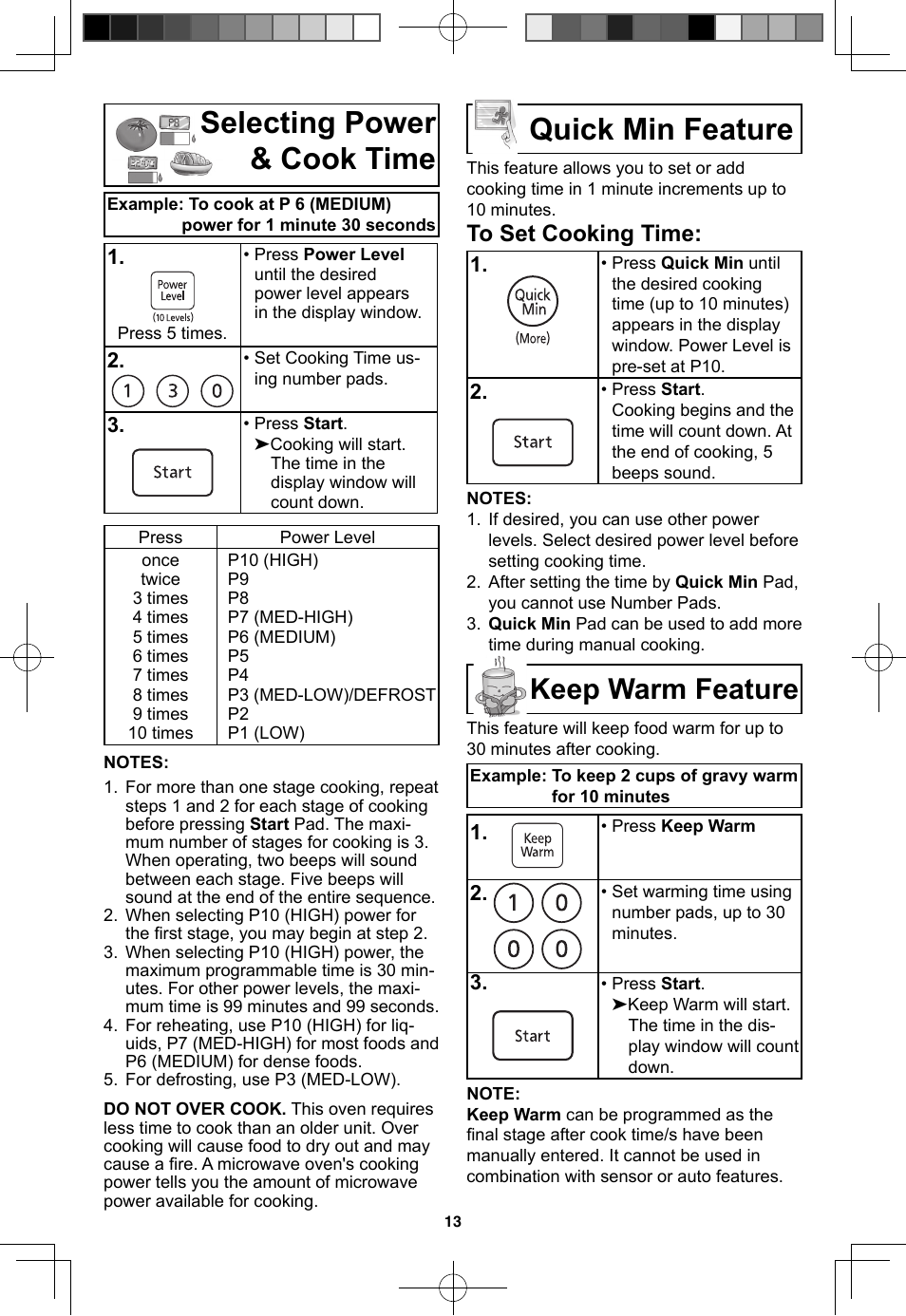 Selecting power & cook time, Quick min feature, Keep warm feature | Panasonic NN-SN773S User Manual | Page 15 / 32