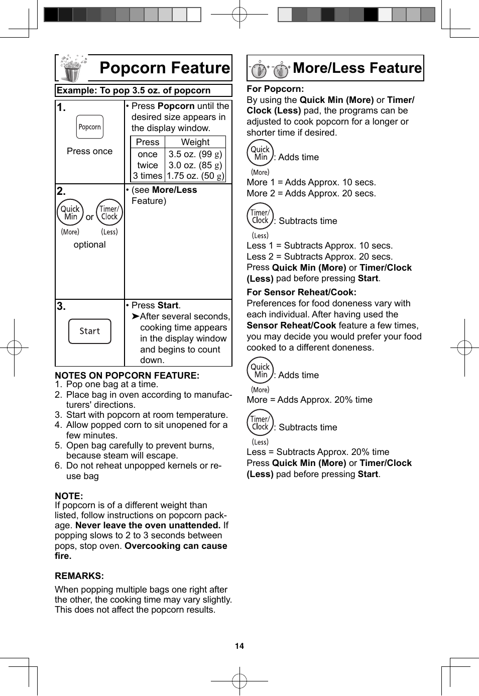 Popcorn feature, More/less feature | Panasonic NN-SN773S User Manual | Page 16 / 32