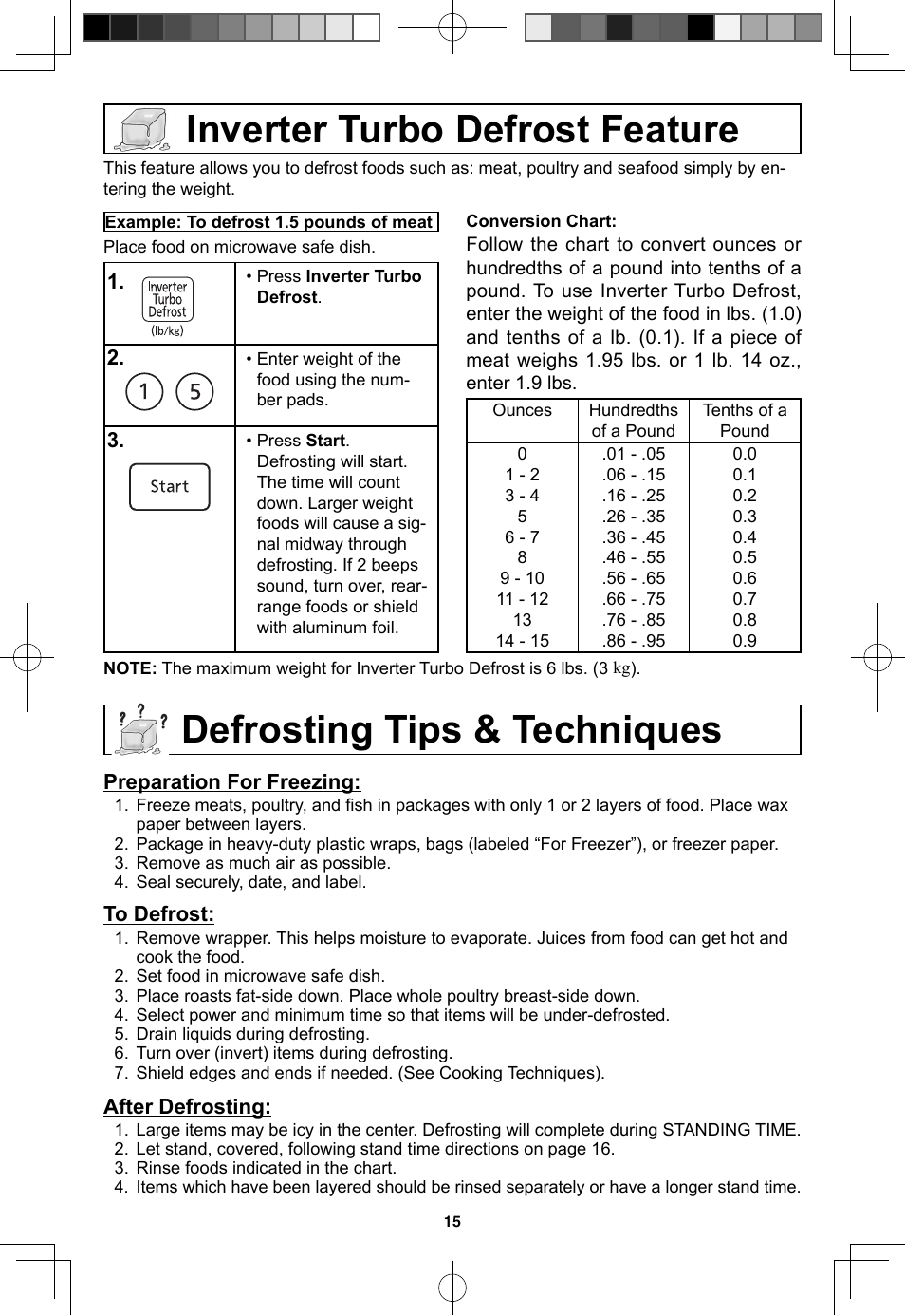Inverter turbo defrost feature, Defrosting tips & techniques | Panasonic NN-SN773S User Manual | Page 17 / 32