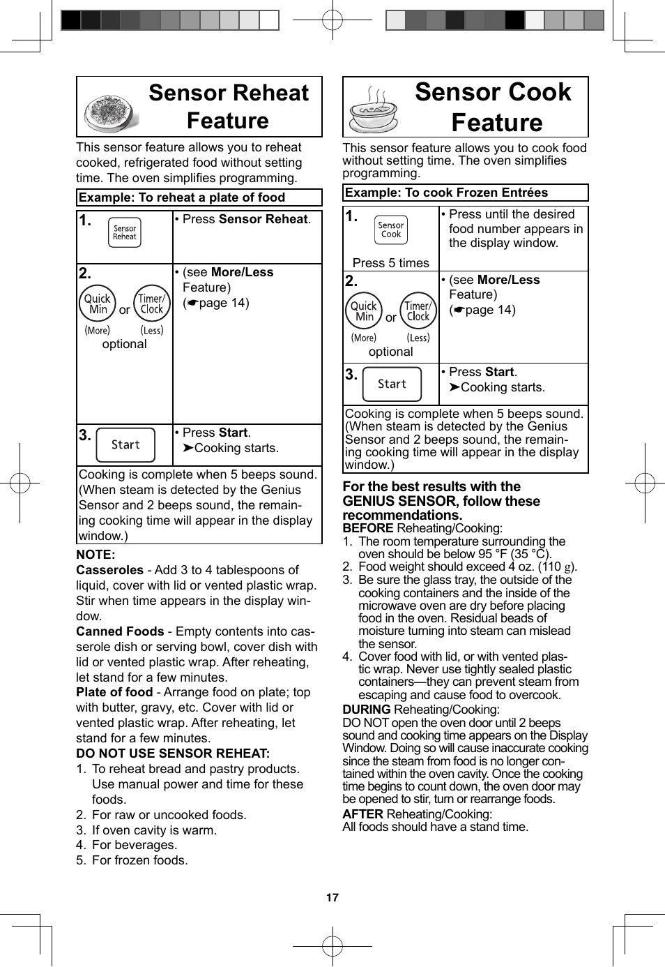 Sensor reheat feature, Sensor cook feature | Panasonic NN-SN773S User Manual | Page 19 / 32