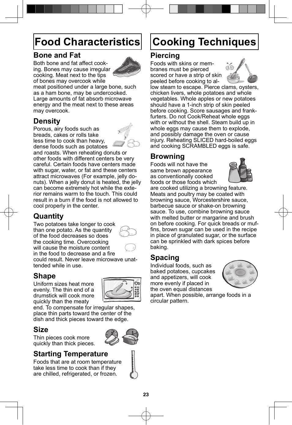 Food characteristics, Cooking techniques, Bone and fat | Density, Quantity, Shape, Size, Starting temperature, Piercing, Browning | Panasonic NN-SN773S User Manual | Page 25 / 32