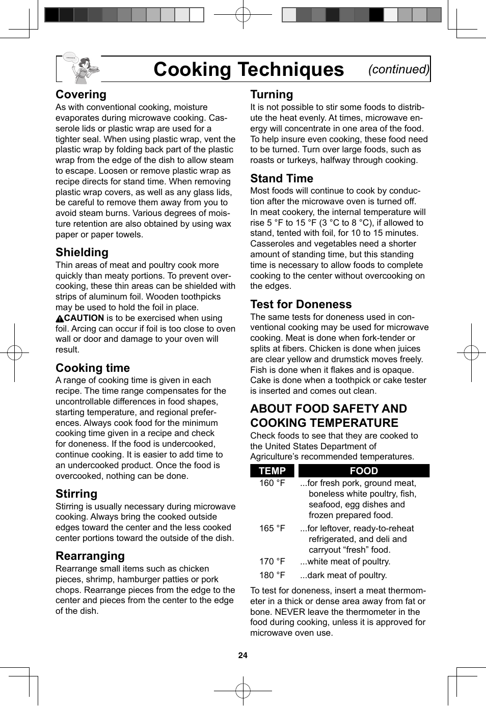 Cooking techniques, Continued), Covering | Shielding, Cooking time, Stirring, Rearranging, Turning, Stand time, Test for doneness | Panasonic NN-SN773S User Manual | Page 26 / 32