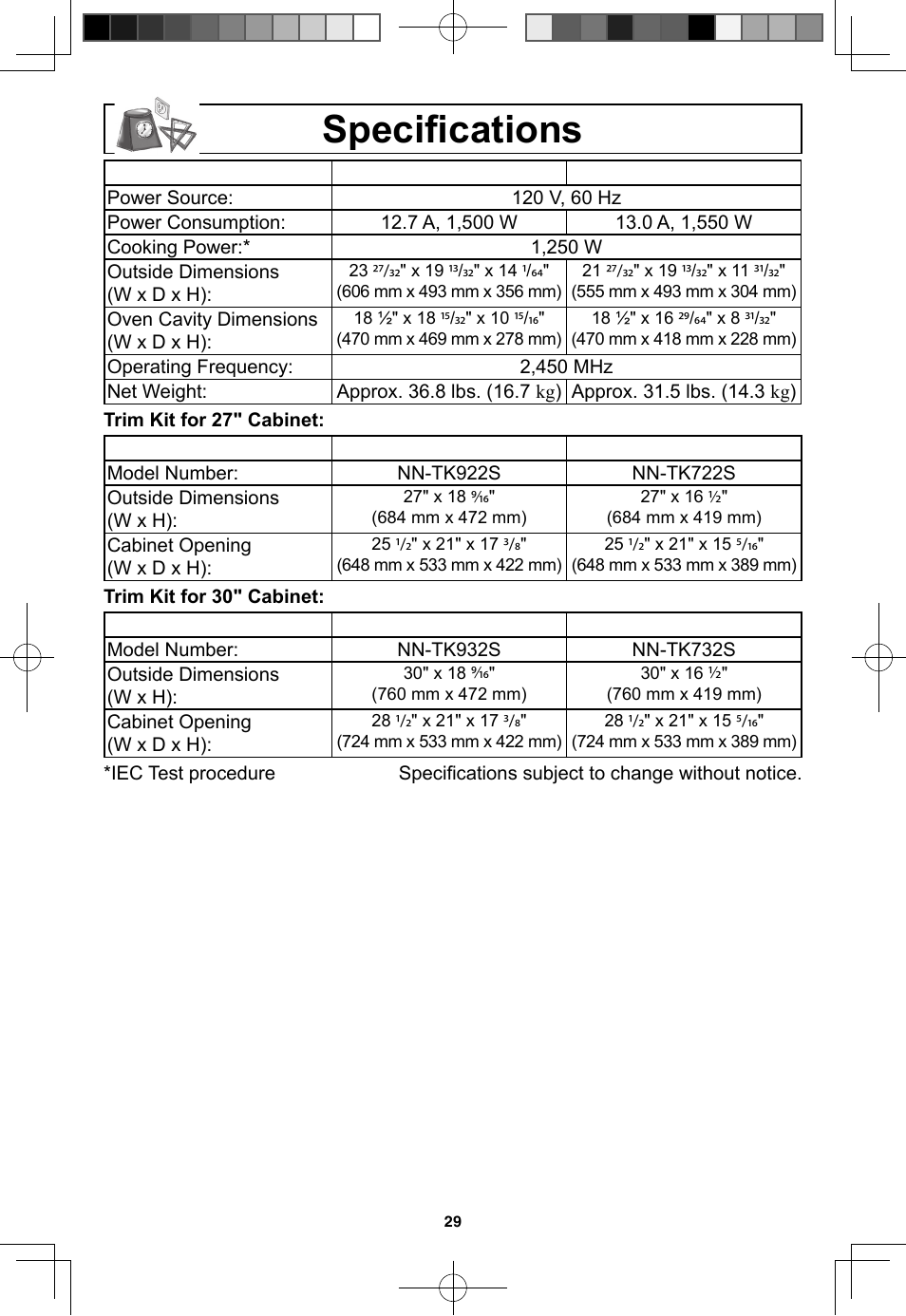 Specifications, Specifi cations | Panasonic NN-SN773S User Manual | Page 31 / 32