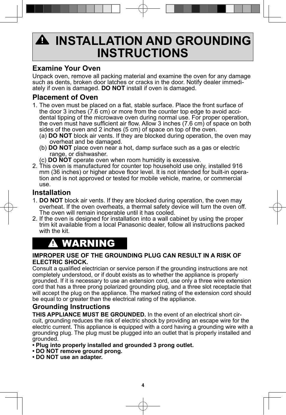 Installation and grounding instructions, Warning, Examine your oven | Placement of oven, Installation | Panasonic NN-SN773S User Manual | Page 6 / 32