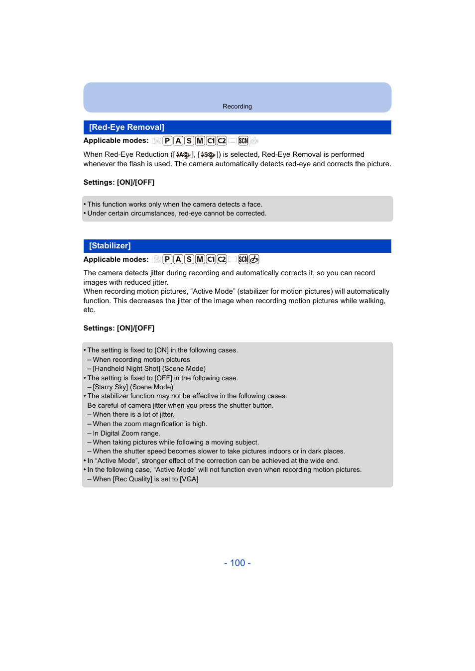 Red-eye removal, Stabilizer, Red-eye removal] • [stabilizer | Lizer, P100) | Panasonic DMC-ZS35W User Manual | Page 100 / 186