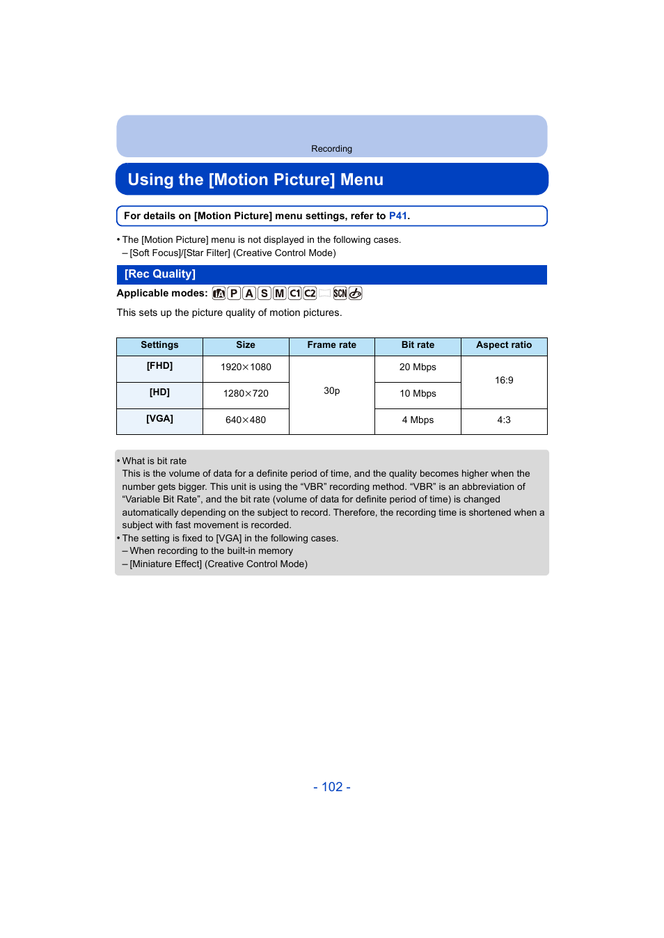 Using the [motion picture] menu, Rec quality, P102) | Panasonic DMC-ZS35W User Manual | Page 102 / 186