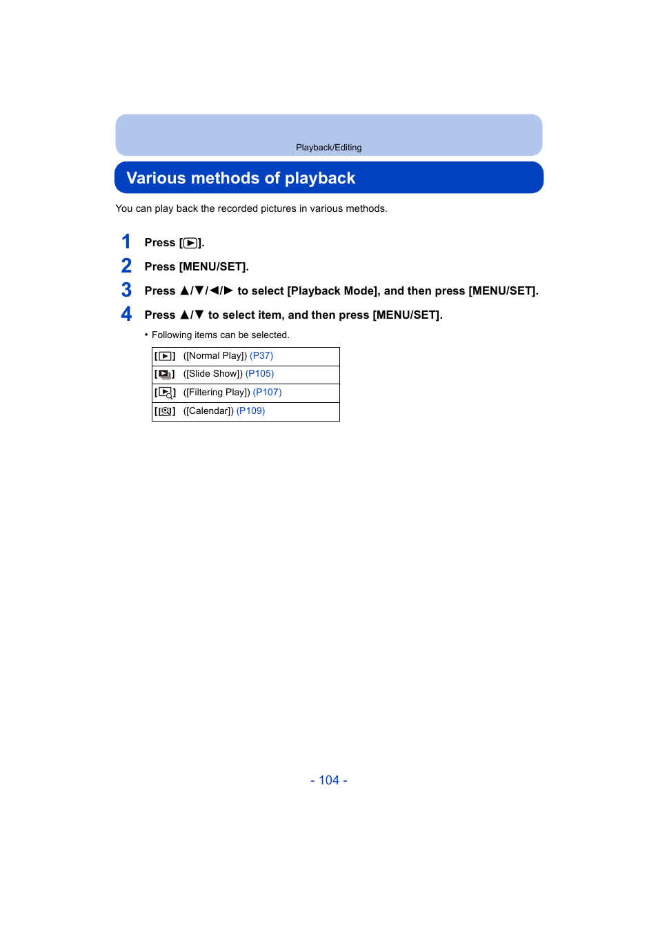 Playback/editing, Various methods of playback, P104) | Panasonic DMC-ZS35W User Manual | Page 104 / 186