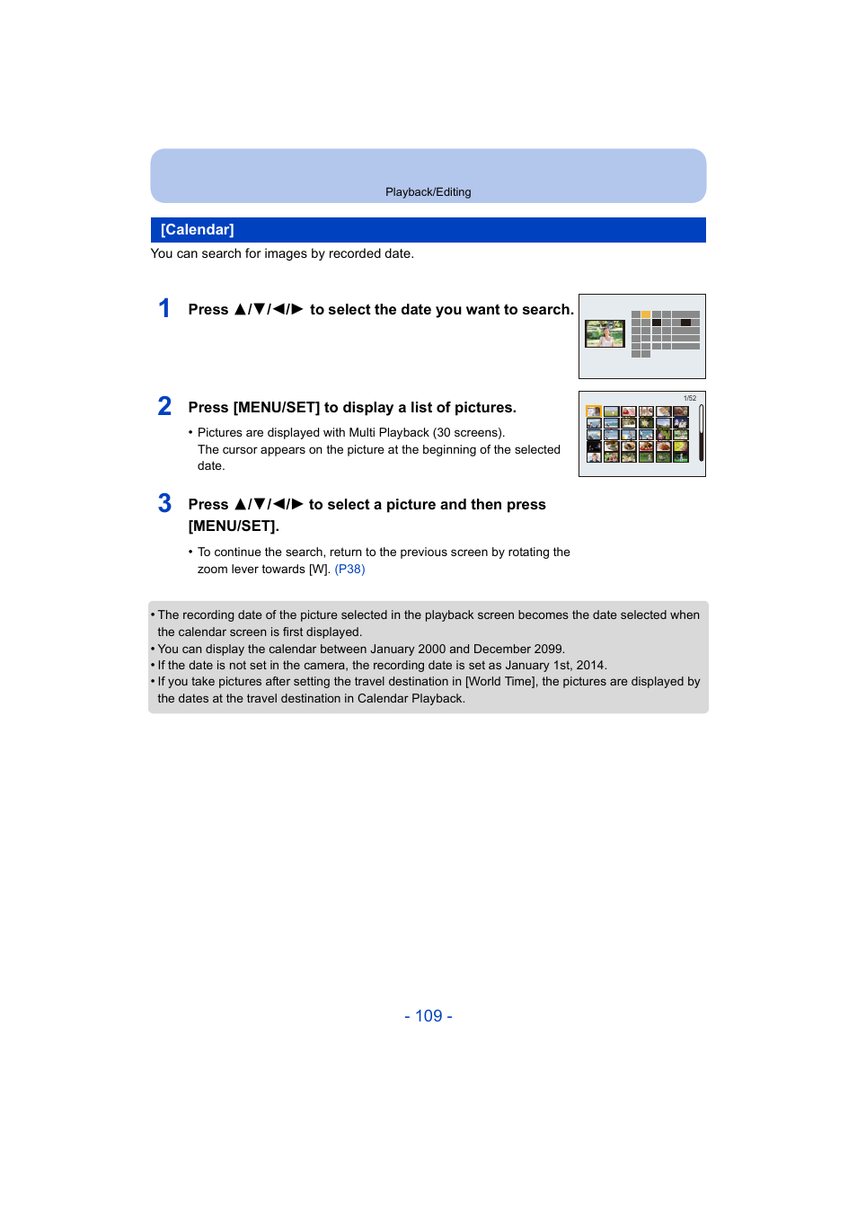 Calendar, P109), Press [menu/set] to display a list of pictures | You can search for images by recorded date | Panasonic DMC-ZS35W User Manual | Page 109 / 186