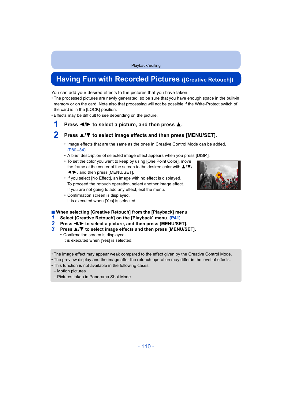 Having fun with recorded pictures | Panasonic DMC-ZS35W User Manual | Page 110 / 186