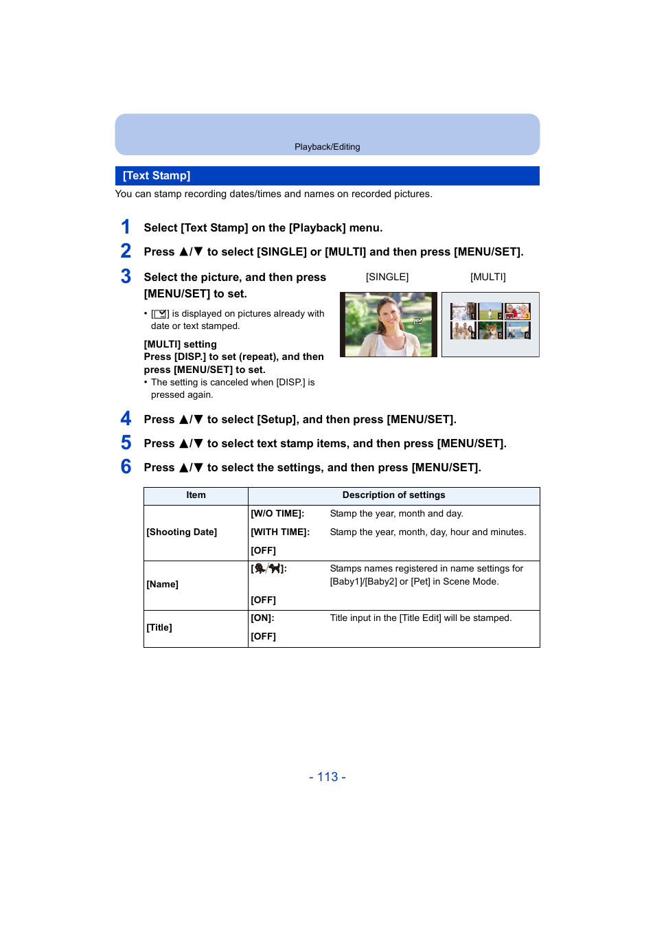 Text stamp, P113), Or s | Panasonic DMC-ZS35W User Manual | Page 113 / 186