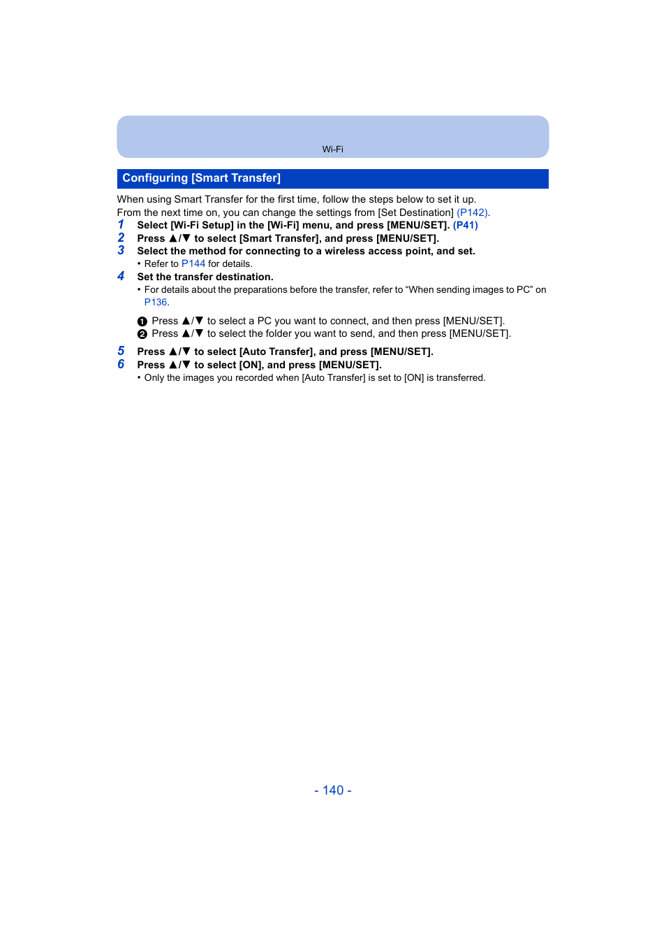 Configuring [smart transfer, P140) | Panasonic DMC-ZS35W User Manual | Page 140 / 186