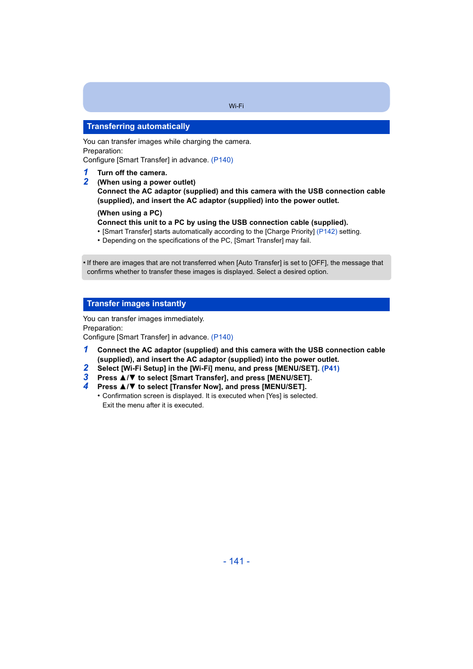 Transferring automatically, Transfer images instantly, Sfer | P141) | Panasonic DMC-ZS35W User Manual | Page 141 / 186