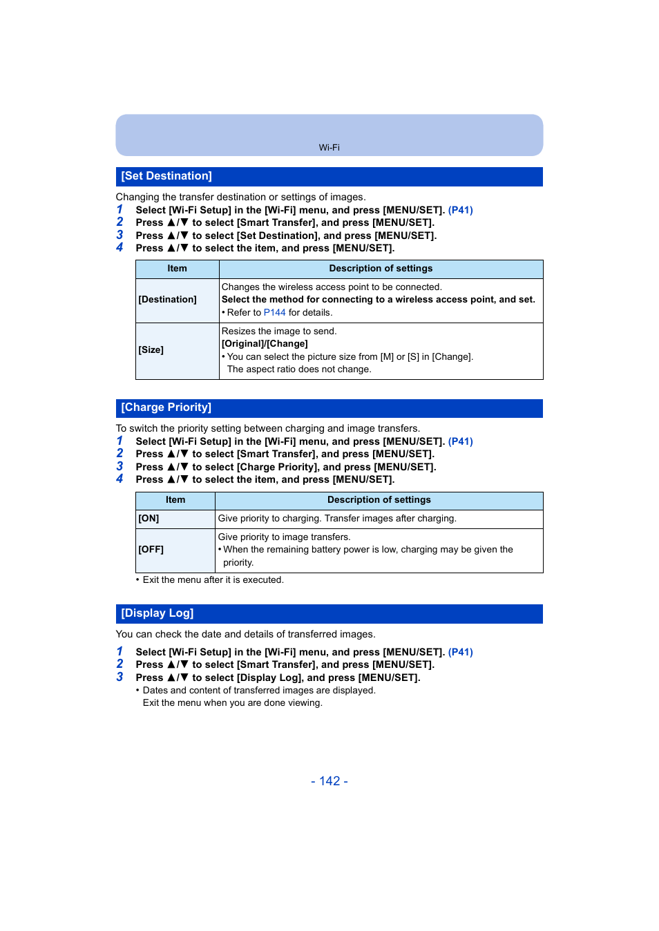 Set destination, Charge priority, Display log | P142) | Panasonic DMC-ZS35W User Manual | Page 142 / 186