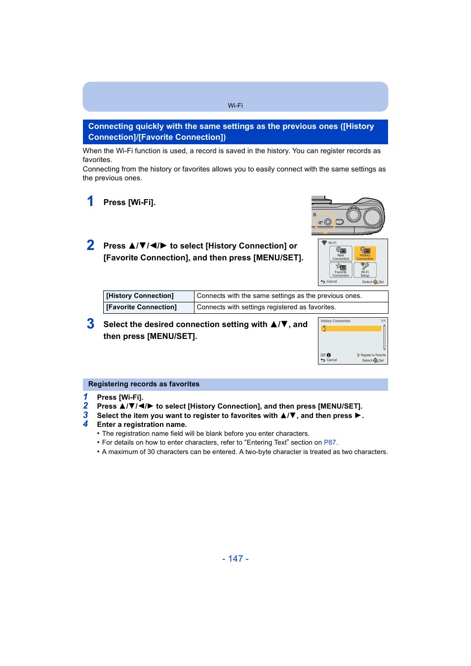 History connection]/[favorite connection]), P147) | Panasonic DMC-ZS35W User Manual | Page 147 / 186