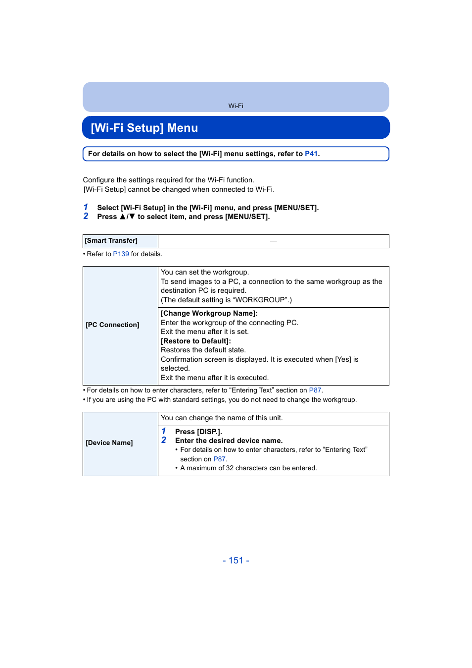 Wi-fi setup] menu, P151) | Panasonic DMC-ZS35W User Manual | Page 151 / 186