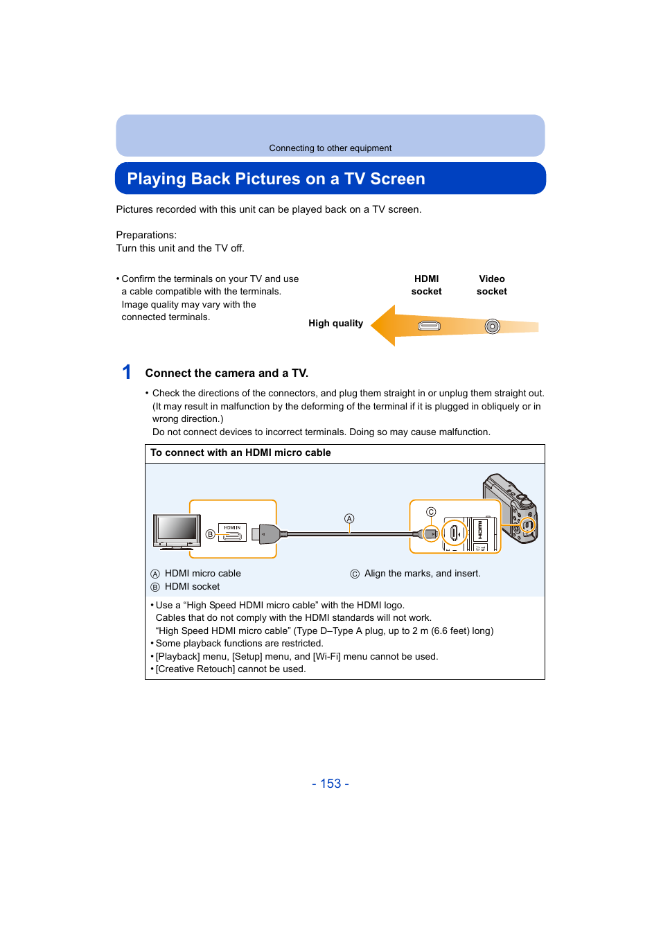 Connecting to other equipment, Playing back pictures on a tv screen, Cket | P153) | Panasonic DMC-ZS35W User Manual | Page 153 / 186