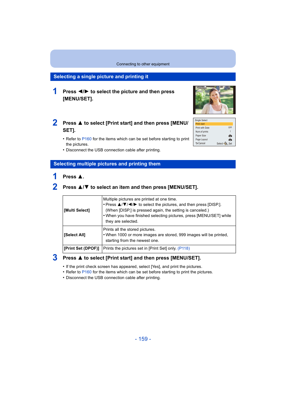 Selecting a single picture and printing it, Selecting multiple pictures and printing them | Panasonic DMC-ZS35W User Manual | Page 159 / 186