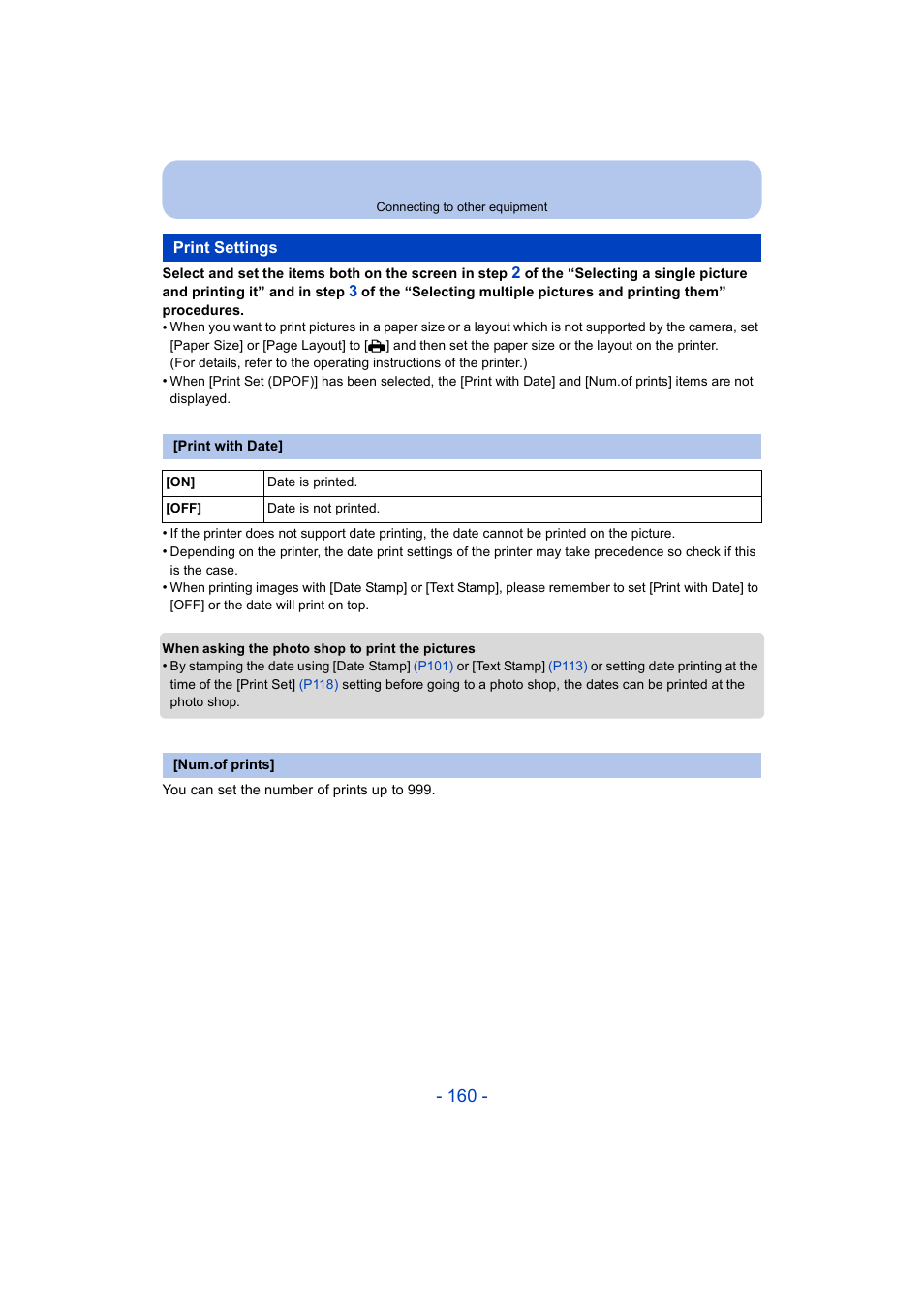 Print settings, P160 | Panasonic DMC-ZS35W User Manual | Page 160 / 186