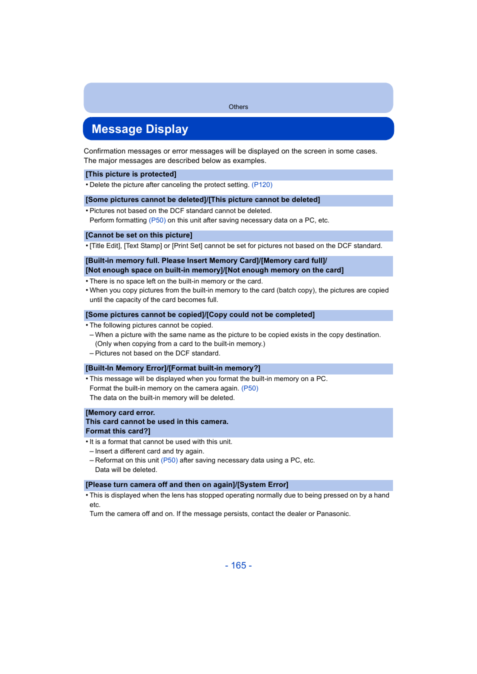 Message display, P165) | Panasonic DMC-ZS35W User Manual | Page 165 / 186