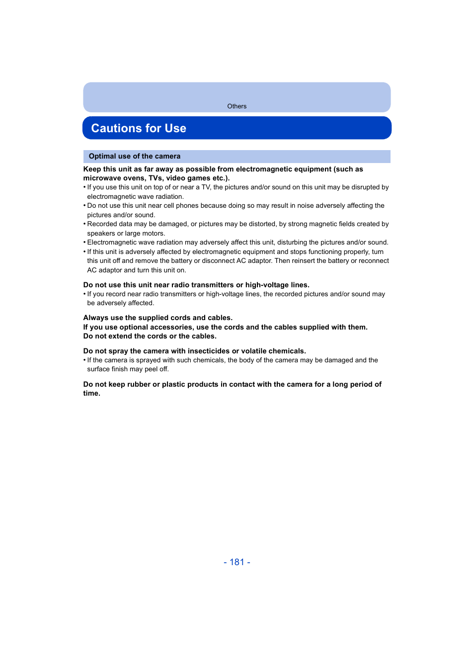 Cautions for use | Panasonic DMC-ZS35W User Manual | Page 181 / 186