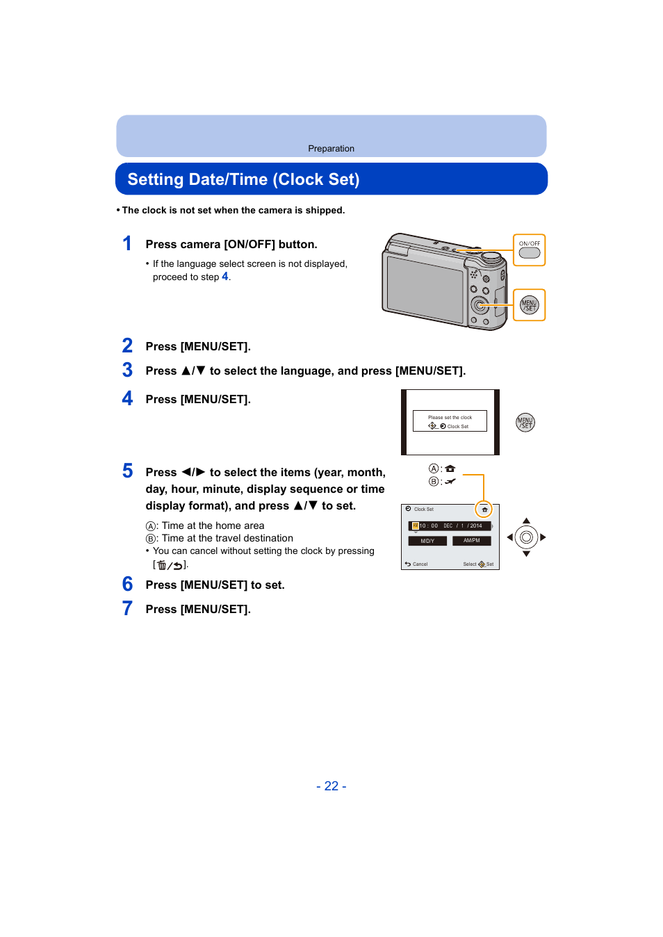 Setting date/time (clock set), P22) | Panasonic DMC-ZS35W User Manual | Page 22 / 186