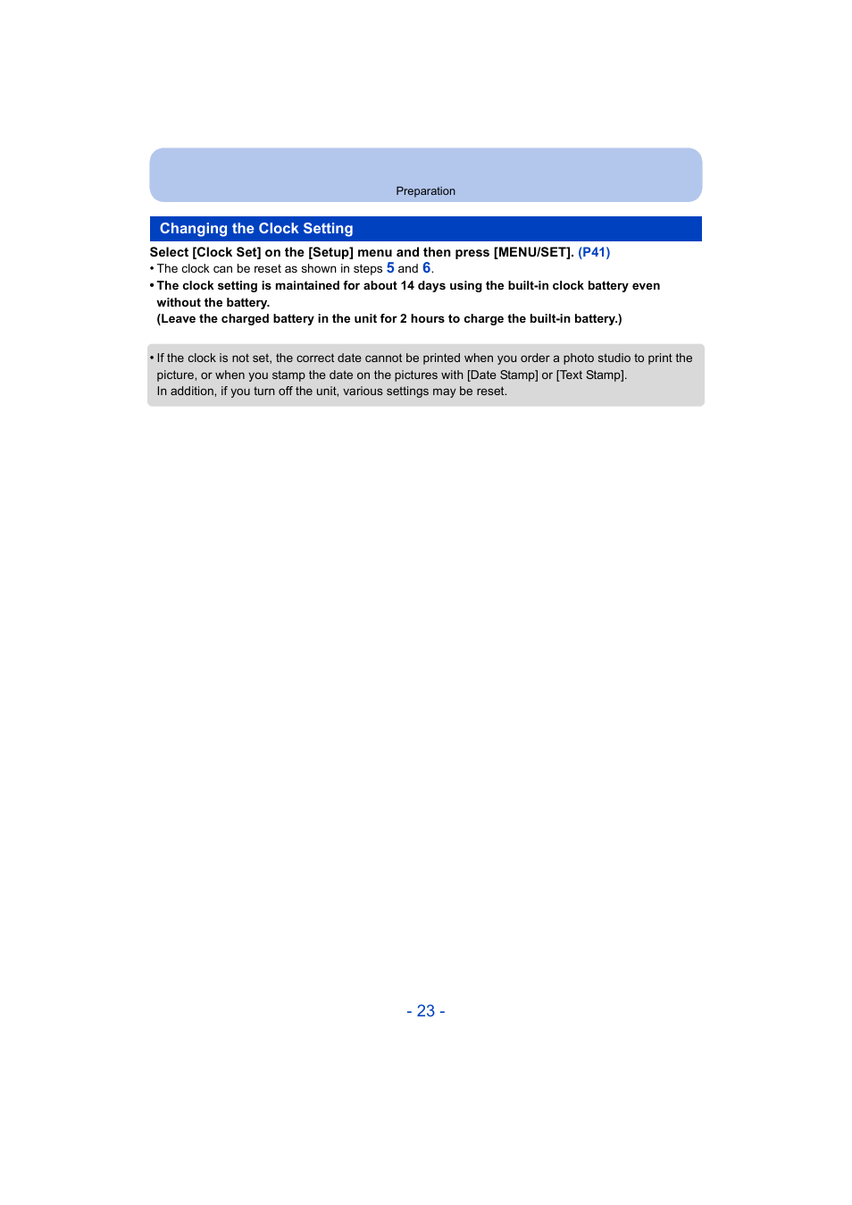 Changing the clock setting | Panasonic DMC-ZS35W User Manual | Page 23 / 186
