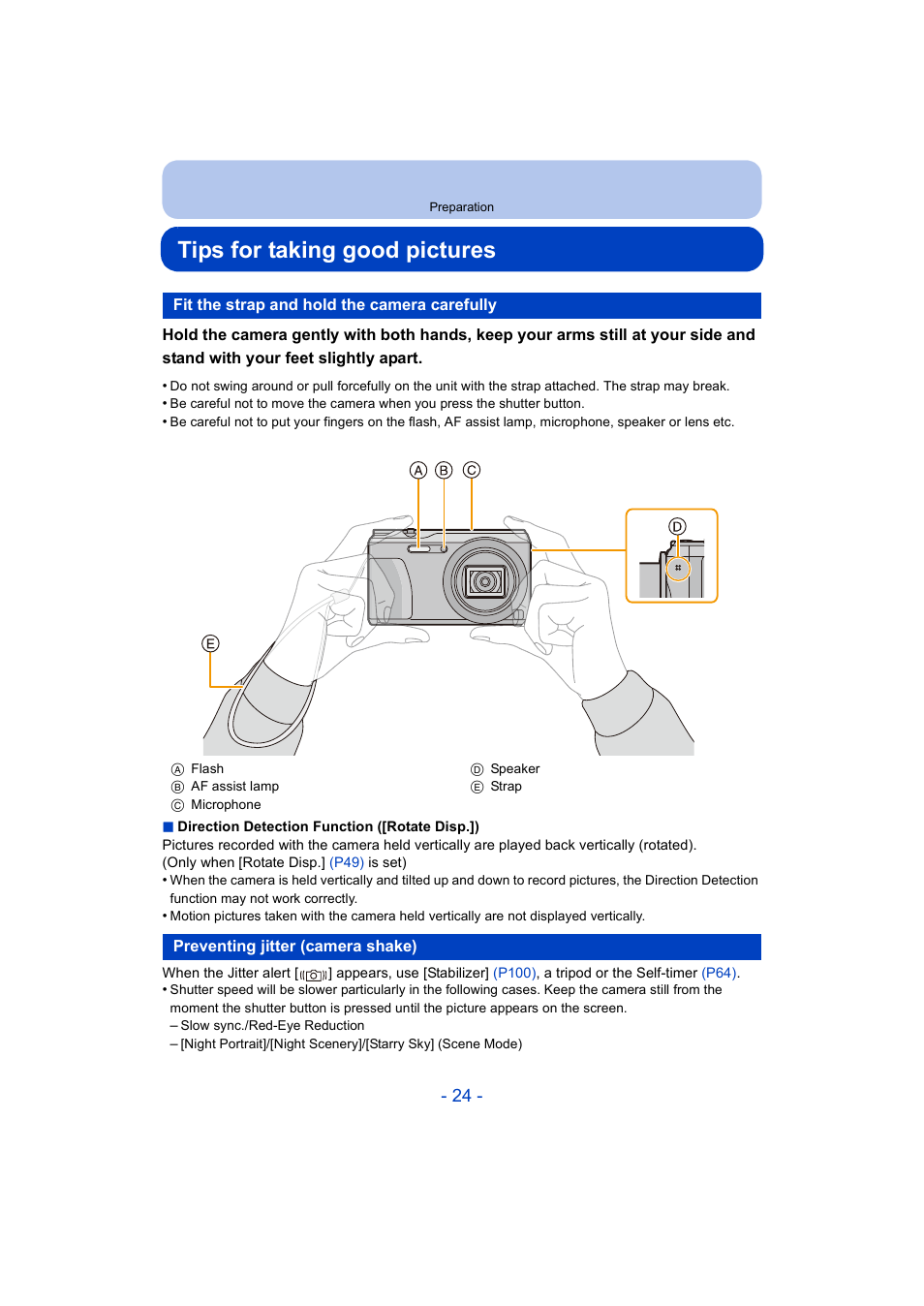 Tips for taking good pictures, Fit the strap and hold the camera carefully, Preventing jitter (camera shake) | P24) | Panasonic DMC-ZS35W User Manual | Page 24 / 186